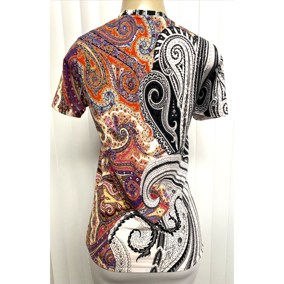 ETRO Top Blouse T Shirt Tee Round Neck Multi Color Paisley Short Sleeve 46 10 M - Picture 2 of 6